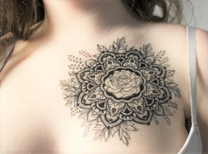 mandala rose tattoo design on blank temporary tattoo paper